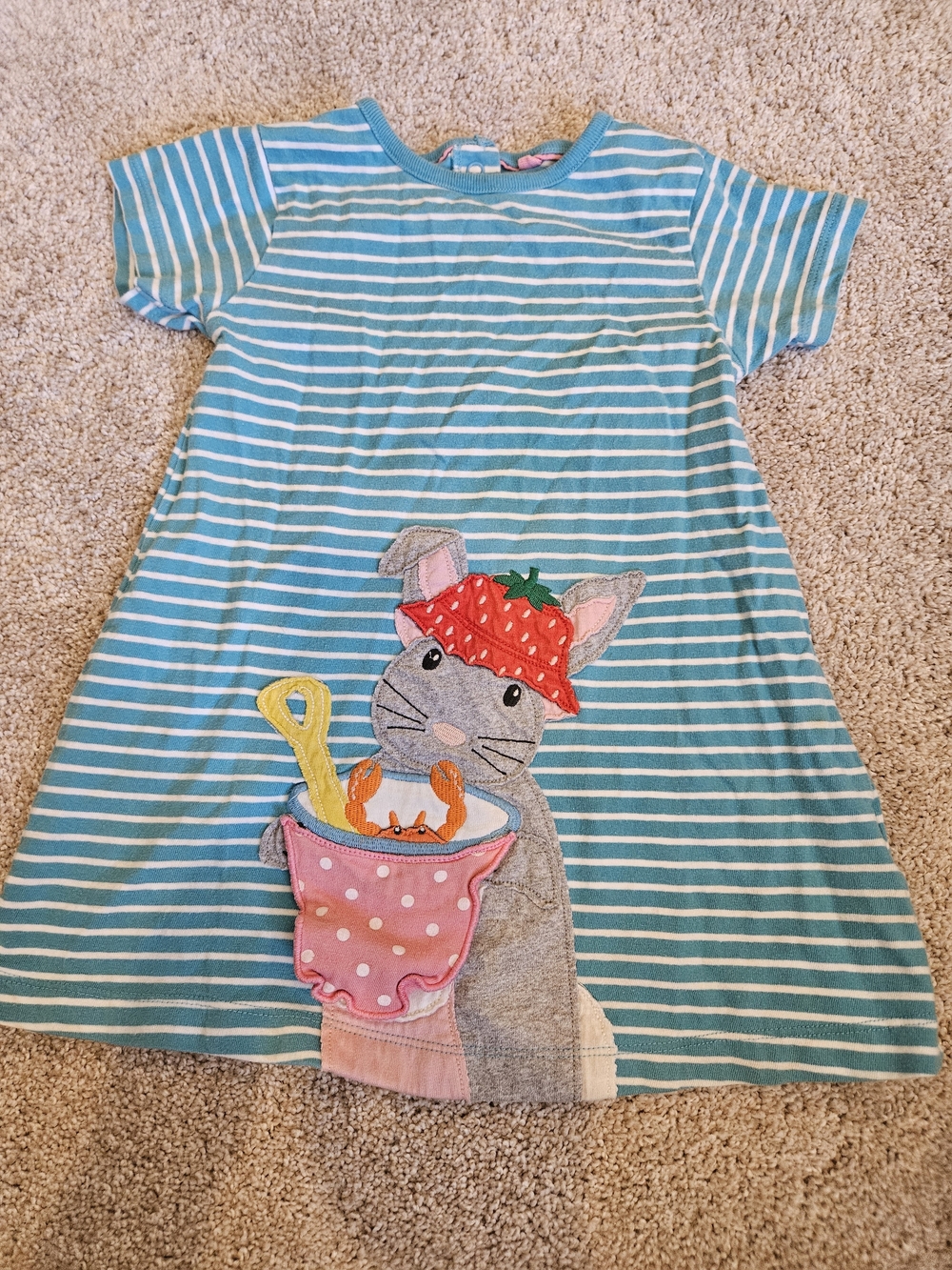 Baby Boden Blue Striped Kids Dress with Beach Bunny & Strawberry Hat